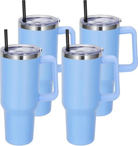 Miniatura 22 de DOMICARE Vaso de 40 oz con asa y pajita, vaso de acero inoxidable con tapa y pajita, reutilizable, aislado al vacío, taza para café de viaje