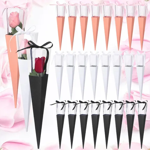 Thyle 24 bolsas de flores con mangas de rosas individuales, bolsas de ramo de flores, papel de regalo floral para manualidades, caja de regalo blanco