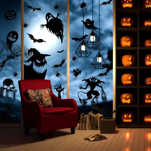Miniatura 7 de Decoraciones de silueta de ventana de Halloween - Lindas calcomanías de silueta de monstru