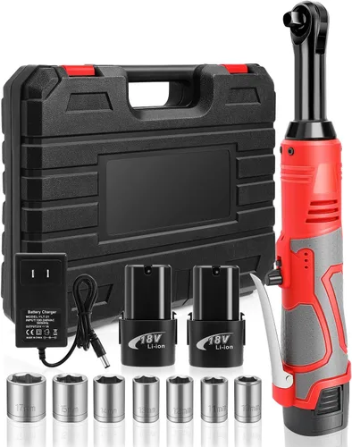 FAHKNS Llave de trinquete inalámbrica extendida de 18 V, juego de llaves eléctricas 3/8 de 45 ft-lbs (60 N.m) 400 RPM de potencia, 2 baterías de