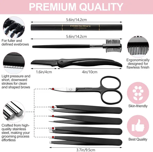 Miniatura 5 de Exquisito kit de cejas 8 en 1 para mujeres y hombres – Kit de aseo de cejas de lujo con 4 pinzas de precisión para cejas, maquinilla de afeitar