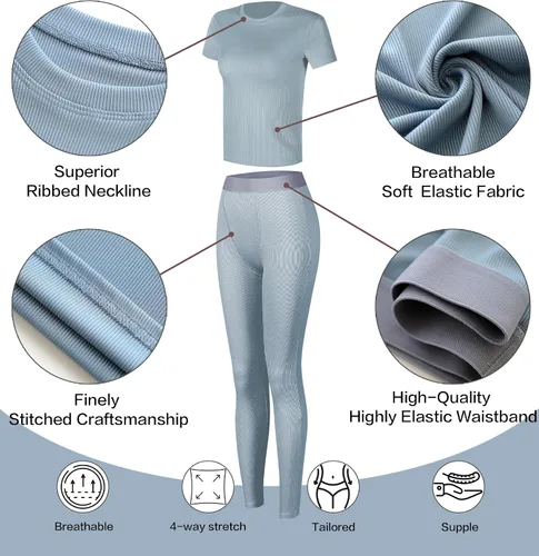 Miniatura 5 de YETOWA Conjunto de entrenamiento casual para mujer, 2 piezas, pantalones cortos, conjuntos de yoga, manga corta, leggings elásticos de cintura alta