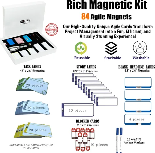 Miniatura 5 de Kit de tablero ágil magnético completo (42 pulgadas 23 pulgadas) Kanban & Scrum Tablero de gestión de proyectos de borrado en seco con 84 tarjetas
