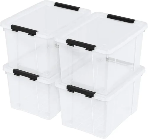 Miniatura 7 de Contenedores de almacenamiento de plástico apilables de 22 cuartos de galón con tapas y hebillas de cierre, paquete de 4 cajas organizadoras