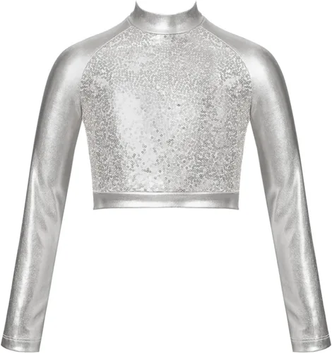 Jhaoyu Camiseta de manga larga para niñas y niñas, brillante, metálica, hip hop, danza, camiseta de manga larga, jazz, ballet, ropa de baile moderna