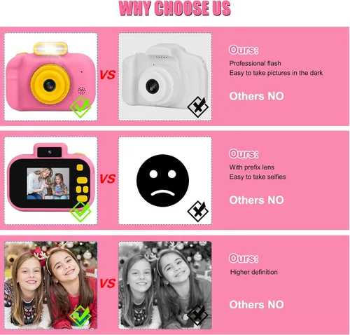 Miniatura 7 de Cámara para niños, cámara digital rosa para selfie, juguetes de cumpleaños para niñas de 3 a 9 años, grabadora de video digital HD portátil