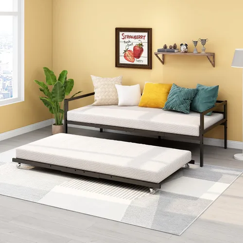 Miniatura 5 de HOMERECOMMEND Sofá cama de metal de tamaño individual con nido y listones de metal resistente, soporte para sofá cama, plataforma doble, base