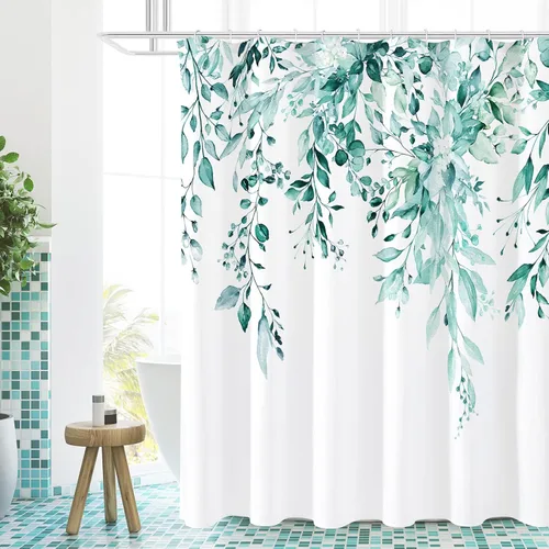 Gibelle Cortina de ducha de eucalipto verde azulado, hojas de plantas de acuarela con diseño floral, juego de cortina de ducha de baño con ganchos,
