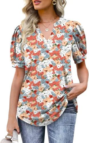 Miniatura 2 de OFEEFAN Blusas plisadas de manga abombada para mujer, cuello en V, holgadas, dobladillo curvado, blusas elegantes, informales, S-3XL