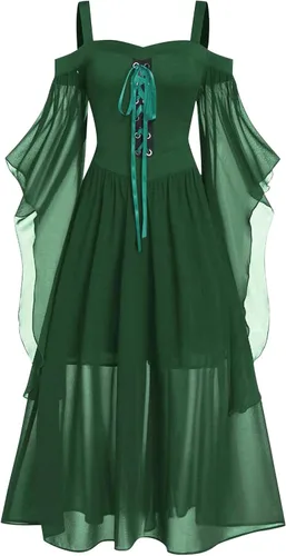Miniatura 9 de Vestido gótico renacentista para mujer, disfraz de Halloween, hombros descubiertos, encaje, manga trompeta, vestido medieval steampunk 04-navy