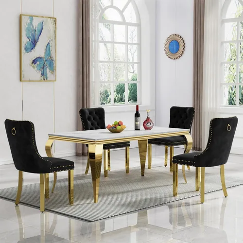 Miniatura 63 de Moderno juego de mesa de comedor de mármol sintético de 68.11 pulgadas para 6, mesa de comedor de mármol blanco y plateado con 6 sillas de Blanco