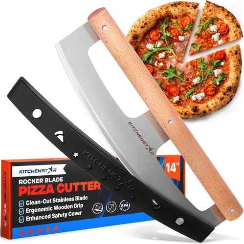Miniatura 10 de KitchenStar Cuchilla de corte de pizza de 16 pulgadas, cuchillo cortador de acero inoxidable afilado, elegante mango de madera de haya, cubierta