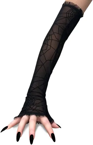 Miniatura 2 de Soochat Guantes sin dedos de encaje de telaraña de Halloween, Negro