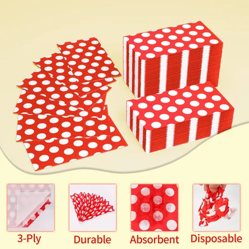 Miniatura 3 de DYLIVeS Paquete de 100 servilletas de toalla de invitados de lunares rojos y blancos, servilletas desechables rojas para cena, toallas de mano