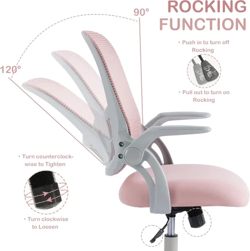 Miniatura 3 de Silla ergonómica de escritorio para oficina, silla de trabajo de malla cómoda para computadora con reposabrazos abatibles y soporte lumbar Rosa