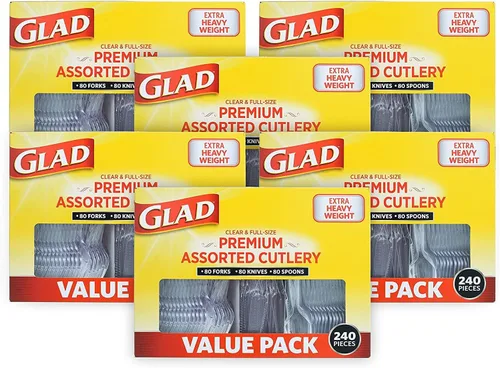 Glad Cubiertos de plástico desechables, juego surtido, tenedores, cuchillos y cucharas transparentes extra resistentes, utensilios de fiesta