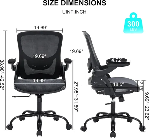 Miniatura 2 de Silla de oficina ergonómica con brazos abatibles, silla de escritorio de malla que ahorra espacio con soporte lumbar ajustable y reposacabezas