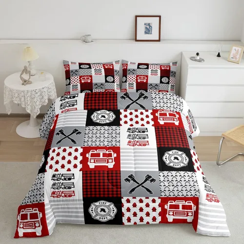 Miniatura 25 de Feelyou Juego de ropa de cama de camión de bomberos, edredón de coche de bomberos y policía para decoración de habitación de niños, tamaño Multi D05