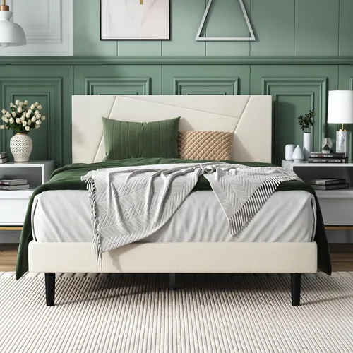 IOILORI - Base de cama tamaño Full con cabecera tapizada en terciopelo de diseño geométrico, estructura robusta y listones de madera, silenciosa, no