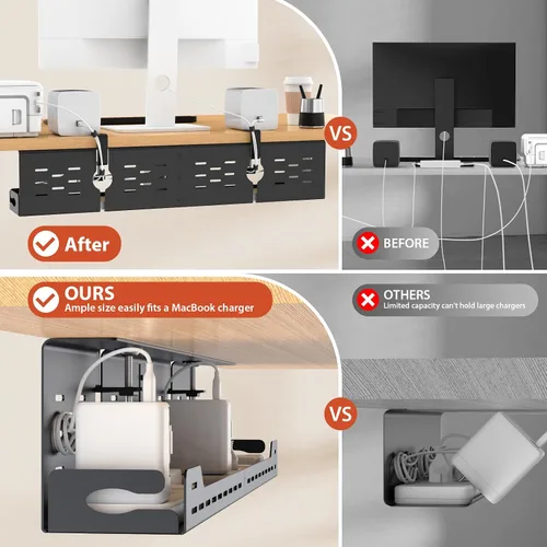 Miniatura 3 de Univivi Bandeja de organización de cables debajo del escritorio, organizador de cables de acero de 32 pulgadas, abrazadera en C sin taladrar