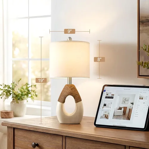 Miniatura 4 de OYEARS Lámparas de mesa bohemias de 19" para dormitorio, sala de estar, adecuadas para espacios pequeños, lámpara de ratán de granja, diseño de Beige