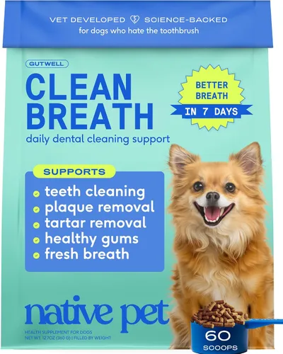 Native Pet GutWell Clean Breath - Ambientador de aliento para perros y polvo dental para perros - Limpieza de dientes para reducir la placa y el