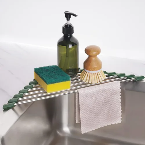 Miniatura 12 de Tomorotec - Estante enrollable triangular para secar platos para la esquina del fregadero, pequeño, plegable, de acero inoxidable, sobre el Verde