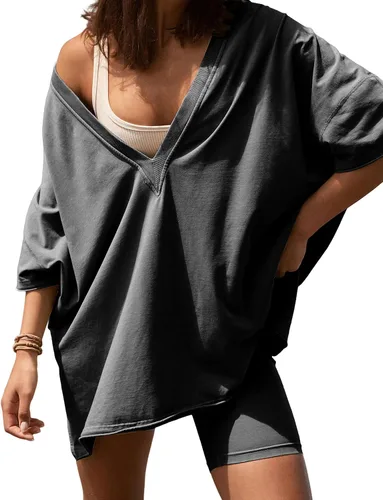Conjunto reversible de 2 piezas para mujer, camiseta con cuello en V, camiseta corta de motociclista