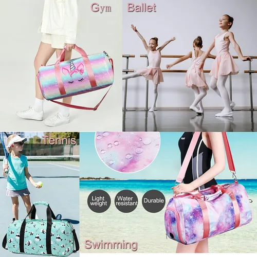 Miniatura 7 de Bolsa de lona para niñas y adolescentes bolsa de gimnasio deportiva con compartimentos para zapatos y ropa húmeda bolsa de viaje para bailar y nadar