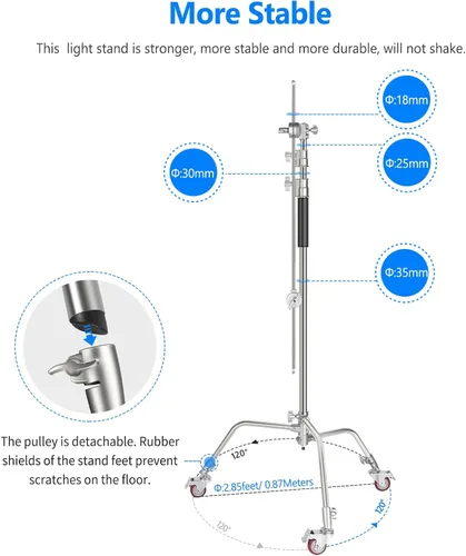 Miniatura 4 de NEEWER Pro Soporte en C de 100% metal con ruedas, soporte de luz con altura máxima de 330 cm/10.8 pies, soporte de reflector ajustable con brazo