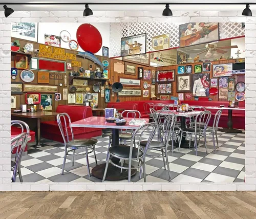 BELECO Telón de fondo retro de tela de 5 x 3 pies para restaurante clásico de los años 50, tienda de refrescos, hora de comida, comedor local con
