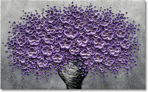 Epicler art Pintura al óleo decorativa de flores 3D moradas pintadas a mano, arte de pared decorativo de pared de flores, arte moderno, sala de
