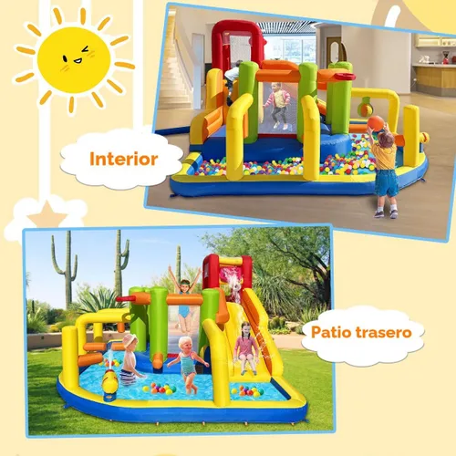 Miniatura 5 de Umbalir Casa inflable de rebote de obstáculos, parque acuático para niños con toboganes de agua, cubo de descarga sorpresa, obstáculos, salto