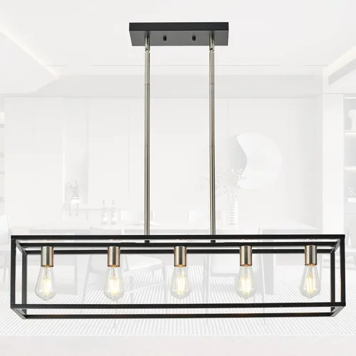 Miniatura 20 de Lámparas de Cocina para Comedor, Candelabros Rectangulares de Estilo Granja para Comedores, Lámpara Colgante Industrial de 5 Luces en Negro Mate