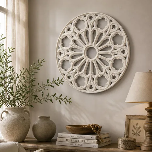 Miniatura 14 de XIAOAIKA Escultura de pared de madera tallada bohemia, intrincado diseño floral de mandala con acabado marrón envejecido, panel de arte de pared