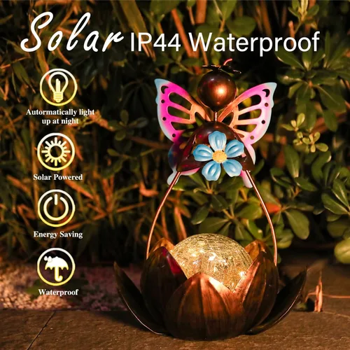 Miniatura 7 de Afirst Luces Solares para Exteriores, Lámpara Solar de Loto de Hadas para Decoración de Jardín, Bola Decorativa de Cristal Agrietado de Metal, Luz