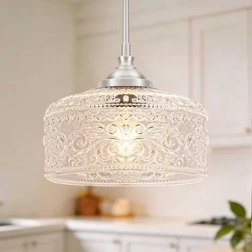 Modernas luces colgantes de níquel cepillado para isla de cocina, lámpara colgante de baño con vidrio transparente, iluminación colgante sobre la