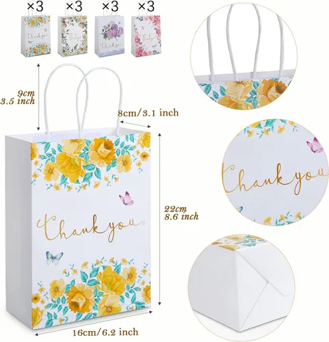 Miniatura 3 de Kesote Bolsas pequeñas de regalo de agradecimiento, paquete de 12 bolsas de agradecimiento con diseño floral con asas, 8.6 x 6.2 x 3 pulgadas