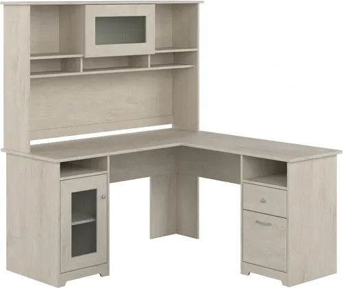 Bush Furniture Cabot - Escritorio para computadora en forma de L con gabinete, 60W, en lino blanco roble