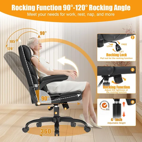 Miniatura 3 de Silla de oficina ejecutiva con reposabrazos abatibles, sillas ergonómicas de escritorio para computadora, silla de oficina de cuero con respaldo