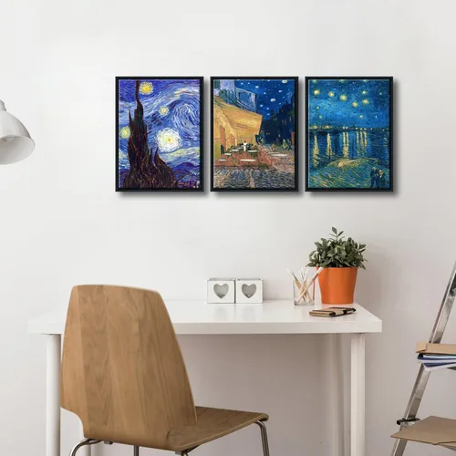 Miniatura 2 de Wieco Art Cuadros enmarcados de 3 paneles de lienzo de Vincent Van Gogh Pinturas reproducción Noche estrellada sobre el Ródano Terraza de café por