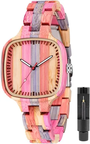 Miniatura 14 de Tiong Reloj de madera para mujer con correa de madera, diseño clásico analógico, colorido, de bambú, relojes para mujeres, parejas