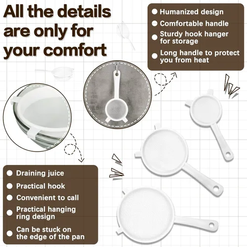 Miniatura 4 de 3 piezas de colador de malla de nylon de plástico con mango, colador de malla fina doble para alimentos, tamizador de harina para hornear, colador