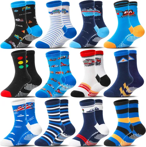 Welwoos - Calcetines antideslizantes con agarre para bebés, 12 pares, niños pequeños, bebés, divertidos calcetines de dibujos animados de algodón