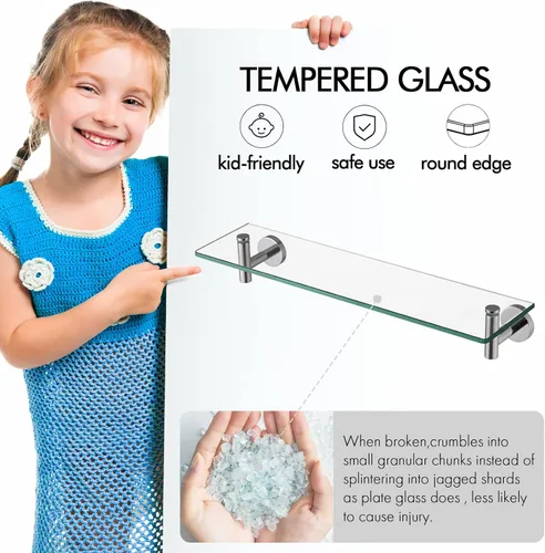 Miniatura 4 de Estante de cristal KES para baño, estante rectangular de 20 pulgadas con vidrio templado de 8 mm de grosor, soporte de metal antioxidante para pared