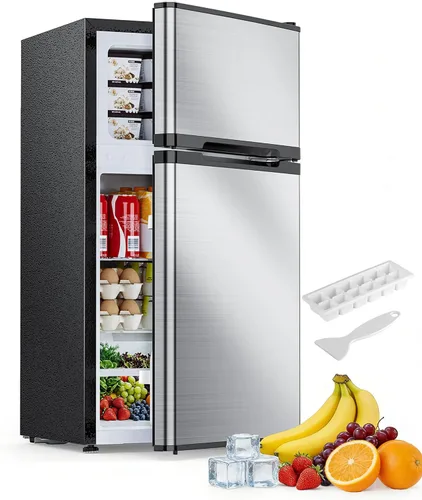 Miniatura 8 de Electactic Mini refrigerador de 2.5 pies cúbicos con congelador, refrigerador compacto de doble puerta, estantes de vidrio ajustables, termostato