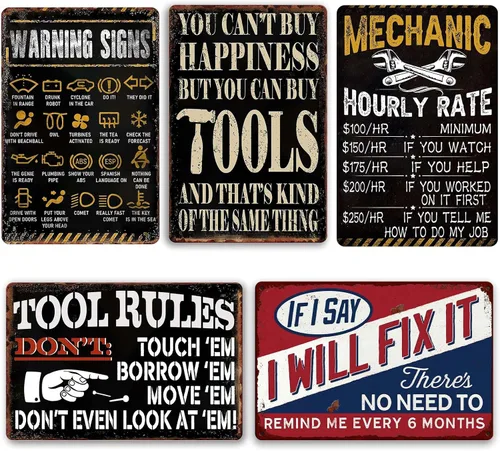 5 piezas de decoración de cueva de hombre, letreros divertidos de garaje, letreros de metal vintage para garaje, carteles de tienda de coches,