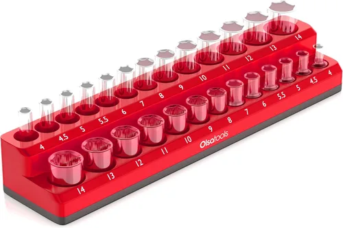 Miniatura 16 de Olsa Tools Portadados magnético, para dados métricos con cuadros de mando de 1/2 pulgada, color rojo, caben 19 dados, organizador de herramientas