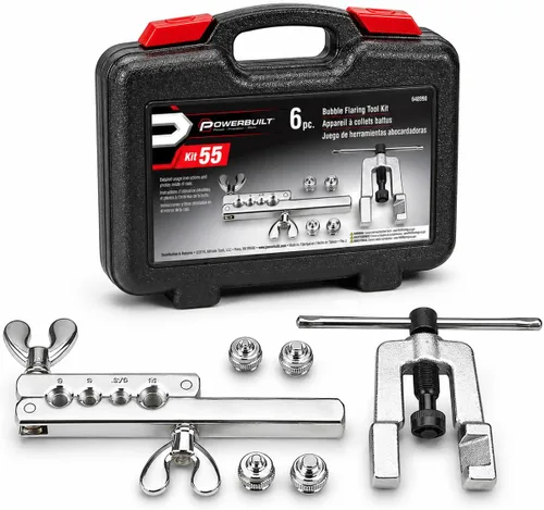 Powerbuilt Juego de herramientas de ensanchamiento de burbujas ISO para líneas de freno hidráulico, kit de servicio de automóvil de 6 piezas, yugo,