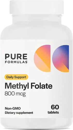 PureFormulas Metilfolato 800 mcg - B9 activo (5-MTHF) para la salud cardiovascular, nerviosa y del estado de ánimo, tabletas vegetarianas sin OMG,